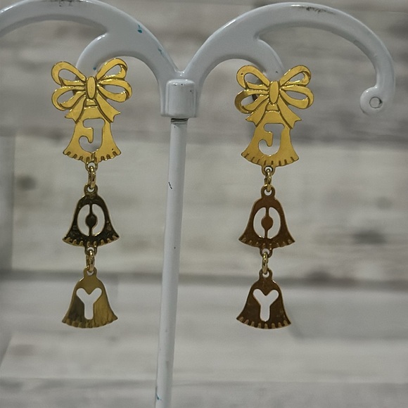 Vintage Christmas gold joy bell dangling earrings - Picture 2 of 4